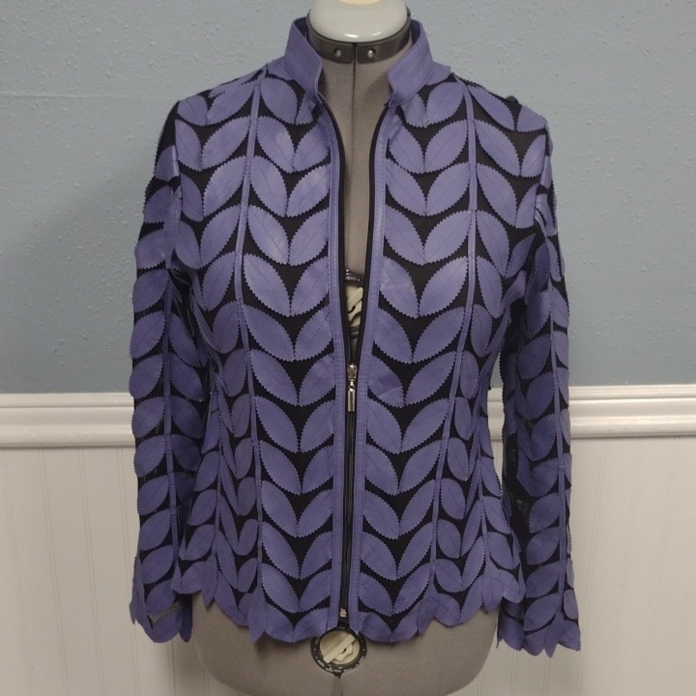 Chic Leather Purple and Black Leaf Pattern Blazer XL Festival